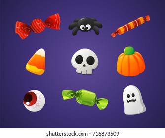 Set of colorful halloween candies isolated on violet background. Vector illustration.