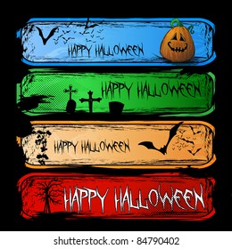 Set of Colorful Halloween Cartoon Banners: Dark Tree, Crosses, Funny Pumpkin and Flying Bats in the Darkness