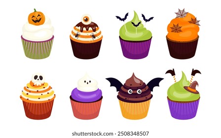 Set of colorful Halloween cupcakes with spooky decorations. Spooky cakes with pumpkin, eyeball, bat, spider web, skull, ghost designs. Vector illustration for holiday treats and party decorations.