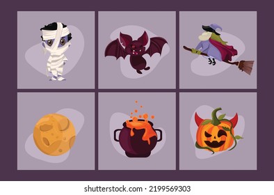 conjunto de coloridos elementos de diseño de Halloween. Calabaza, vampiro, calavera, gato, tierno personaje ilustrativo sobre fondo morado.