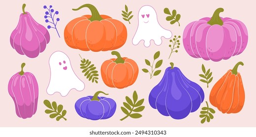 Set of colorful Halloween elements. Pumpkins of different shapes, cute loving ghosts, vegetation twigs and leaves. Vector. Bright purple and orange, pink trendy colors.
