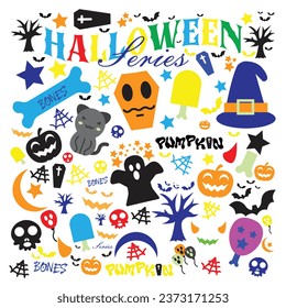 Set of Colorful Halloween elements: witch, ghost, spooky castle, mummy, skeleton, cute pumpkin. Perfect for scrapbooking, greeting card and party