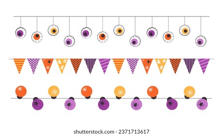 Conjunto de coloridas guirnaldas de Halloween. Ojos, banderas, linternas. Elementos de diseño para banner, afiche, publicidad, scrapbooking. Ilustración vectorial sobre fondo blanco. 