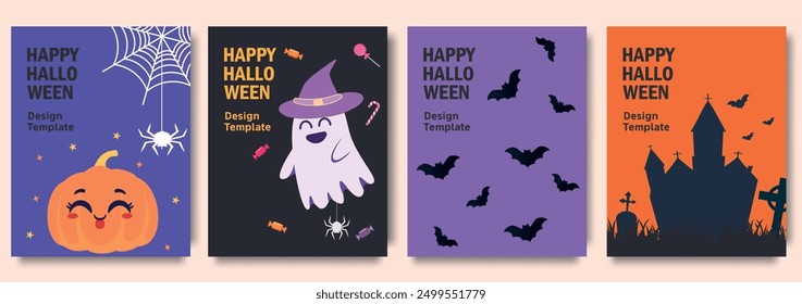 Set of colorful Halloween greeting cards with festive designs featuring a cute pumpkin, ghost with a witch hat, bats, and a haunted house. Design for party invitation, decoration, greeting cards. 