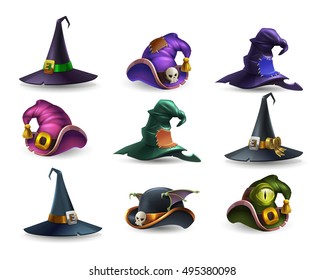 Set of colorful halloween hat and witch cap icons. Vector illustration.