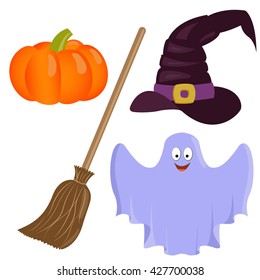 Set of Colorful Halloween Icons with different holiday symbols isolated on white background. Vector Illustration.