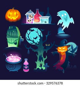 Set of colorful halloween illustrations with ghost, terrific scarecrow, crooked tree on a cemetery and jars and potions from witch's hut.