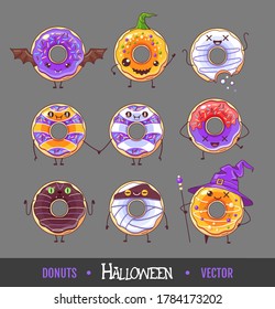 Set of colorful halloween kawaii funny donuts. Sweet fast food vector illustration