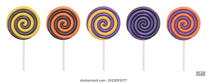 Set of colorful Halloween lollipops isolated on white background. 3d realistic, swirl, colored sugar candies on stick. 3D Vector illustration.