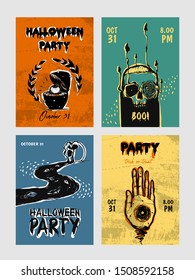 Set of colorful Halloween Party cards with creepy symbols. Halloween party template design