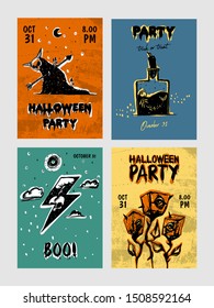 Set of colorful Halloween Party cards with creepy symbols. Halloween party template design