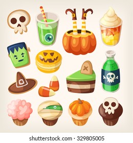 Set of colorful halloween party snacks and treats for children. Isolated sweets, cakes, muffins and cookies.