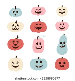 Set of colorful Halloween pumpkins with creepy smiles. Vector illustration for holiday mood