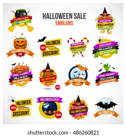 Set of colorful Halloween sale or special discount offer emblems, logos and labels with pumpkins, spiders, bats, zombies, autumn leaves and candies isolated.