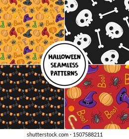 Set of colorful Halloween seamless patterns for greeting card, gift box, wallpaper, fabric, web design.