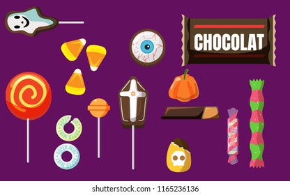 set of colorful halloween snack, sweet for trick or treat, vector illustration in flat style 