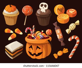 Set Of Colorful Halloween Sweets And Candies Icons