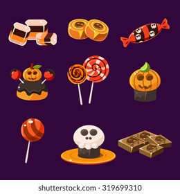 Set of colorful halloween sweets and candies icons