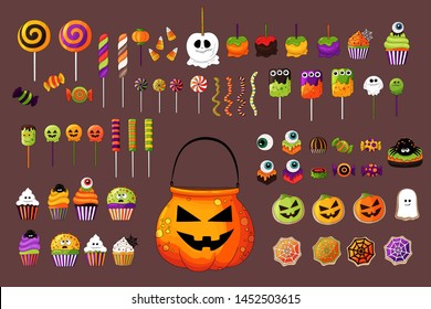 Set of colorful Halloween sweets for children. Vector candies decorated with halloween elements.Colorful delicious collection. Sweets in traditional october holiday colors. Candy bowl, jelly, candies.