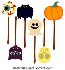 A set of colorful Halloween sweets for children. Vector candies are decorated with Halloween elements and ornaments made in the traditional colors of the October holiday. Lollipops on a stick