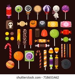 Set of colorful Halloween sweets for children. Vector candies decorated with halloween elements and ornaments made in traditional october holiday colors. 