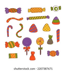 Set of colorful halloween sweets. Halloween elements. Trick or treat concept. Vector illustration in hand drawn style