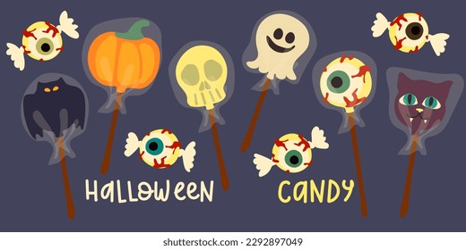 A set of colorful Halloween sweets for kids. Vector candies are decorated with Halloween elements and ornaments made in traditional October holiday colors. Lollipops on a stick and in a package.