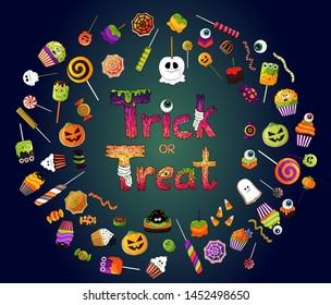 Set of colorful halloween treats. Treat bowl, candy, eyeball, candy corn, apples, jelly, cupcakes. Collection Halloween traditional sweets icons. Trick or treat design logo, creative monster text. 