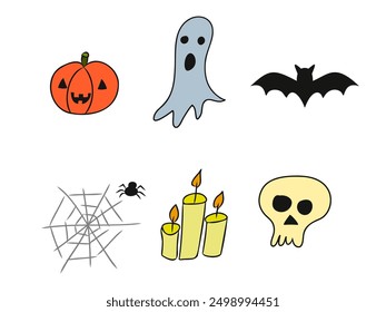 A set of colorful Halloween-themed icons, including a pumpkin, ghost, bat, spider web with spider, candles, and skull. Perfect for Halloween decorations, invitations, and spooky designs