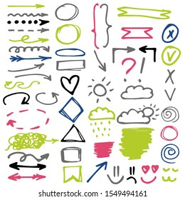 Set of colorful hand draw elements for social media. Isolated arrows, circles, squares, smiley, symbols on a white Background. Green, pink, blue, grey, black colors. 