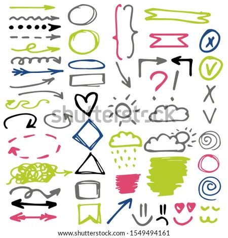 Set of colorful hand draw elements for social media. Isolated arrows, circles, squares, smiley, symbols on a white Background. Green, pink, blue, grey, black colors. 