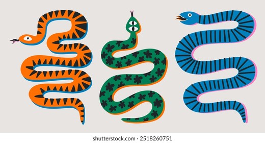 Set of colorful hand draw Snakes.  Chinese New Year 2025. Trendy style.Vector illustration. Isolated