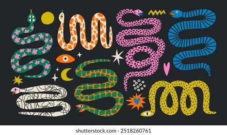 Set of colorful hand draw Snakes.  Chinese New Year 2025. Trendy style.Vector illustration. Isolated