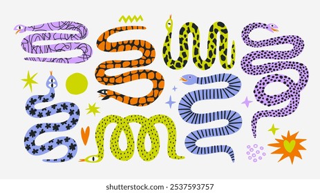 Set of colorful hand draw Snakes.  Chinese New Year 2025. Trendy style.Vector illustration. Isolated