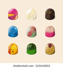 Set of Colorful Hand Drawing Bonbon Candy, Chocolate Sweets, Isolated on Beige Background. Cute Illustration for Card, Gift with Cartoon Style for Children.