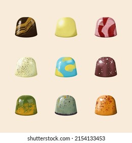 Set of Colorful Hand Drawing Bonbon Candy, Chocolate Sweets, Isolated on Beige Background. Cute Illustration for Card, Gift with Cartoon Style for Children.