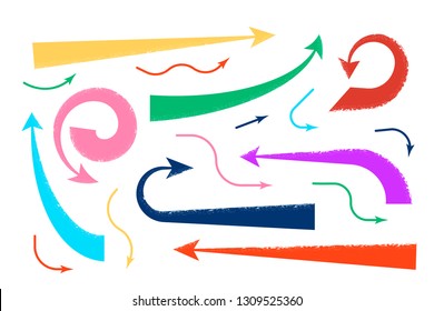 Set of colorful hand drawn arrows isolated on white background. Flat Art Vector illustration
