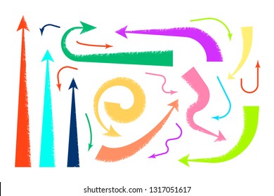 Set of colorful hand drawn arrows isolated on white background. Flat Art Vector illustration