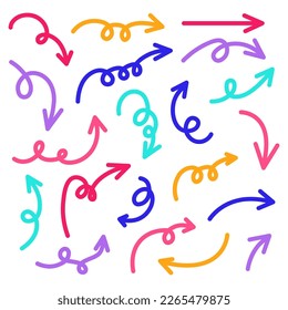 Set of colorful hand drawn arrows. Navigation direction swirl guideline cursor outline element for decor design. 