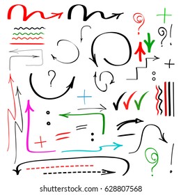 Set of Colorful Hand Drawn Arrows, Signs & Marks for Web Design Isolated on White Background. Vector Illustration