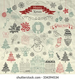 Set of Colorful Hand Drawn Artistic Christmas Doodle Icons on Crumple Paper Texture. Xmas Vector Illustration. Sketched Decorative Design Elements, Cartoons. New Year