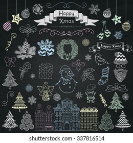 Set of Colorful Hand Drawn Artistic Christmas Doodle Icons on Chalk Board Menu Background Texture. Xmas Vector Illustration. Sketched Decorative Design Elements, Cartoons. New Year