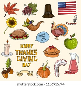 Set of colorful hand drawn autumn elements, Thanksgiving Day clipart, vector illustration