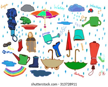 Set of colorful hand drawn autumn, water and rain objects: rain boots, umbrellas, drops, weather icons, watering cans. Vector illustration