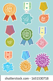 Set of colorful hand drawn awards. Medals with hand lettering and ribbons, various shapes and colors, on solid background. Custom die cut shape stickers, pins, badges or patches.