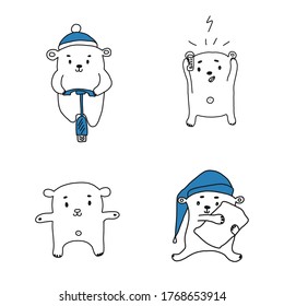 set of colorful hand drawn bear doodles. Cute bear character in different situations. isolated on white backdround