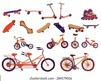 Set of colorful hand drawn bicycles, scooters, skateboards, roller-skates, mono bikes, run bikes, tricycles, tandem bicycles on white background. Vector illustration