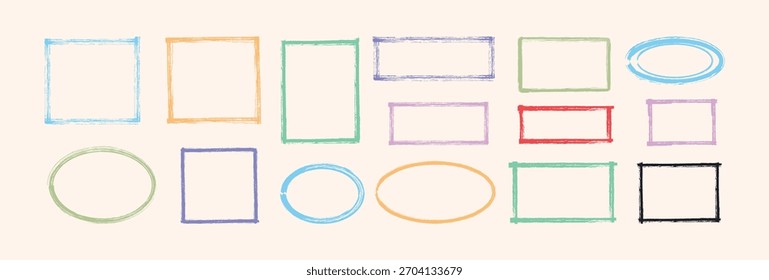 Set of colorful Hand drawn border frame. Stroke outline grunge frame set. Doodle bold brush crayon pencil box, chalk texture square border. Cute paint frame circle, square background design. Vector