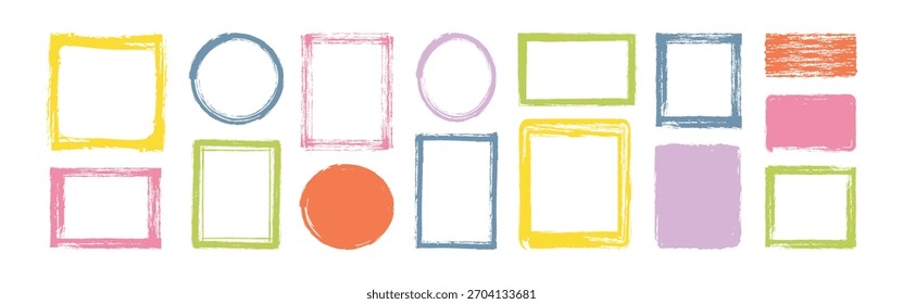 Conjunto de marco de borde dibujado a mano colorido. Conjunto de marco grunge de contorno de trazo. Caja de lápiz de crayón de pincel Doodle bold, borde cuadrado de textura de tiza. Círculo lindo del marco de la pintura, diseño cuadrado del fondo. Vector