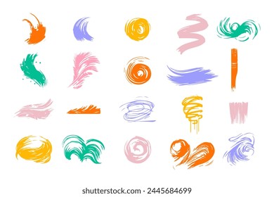 Set colorful hand drawn brushes. Brush strokes. Grunge design elements. Ink splashes.